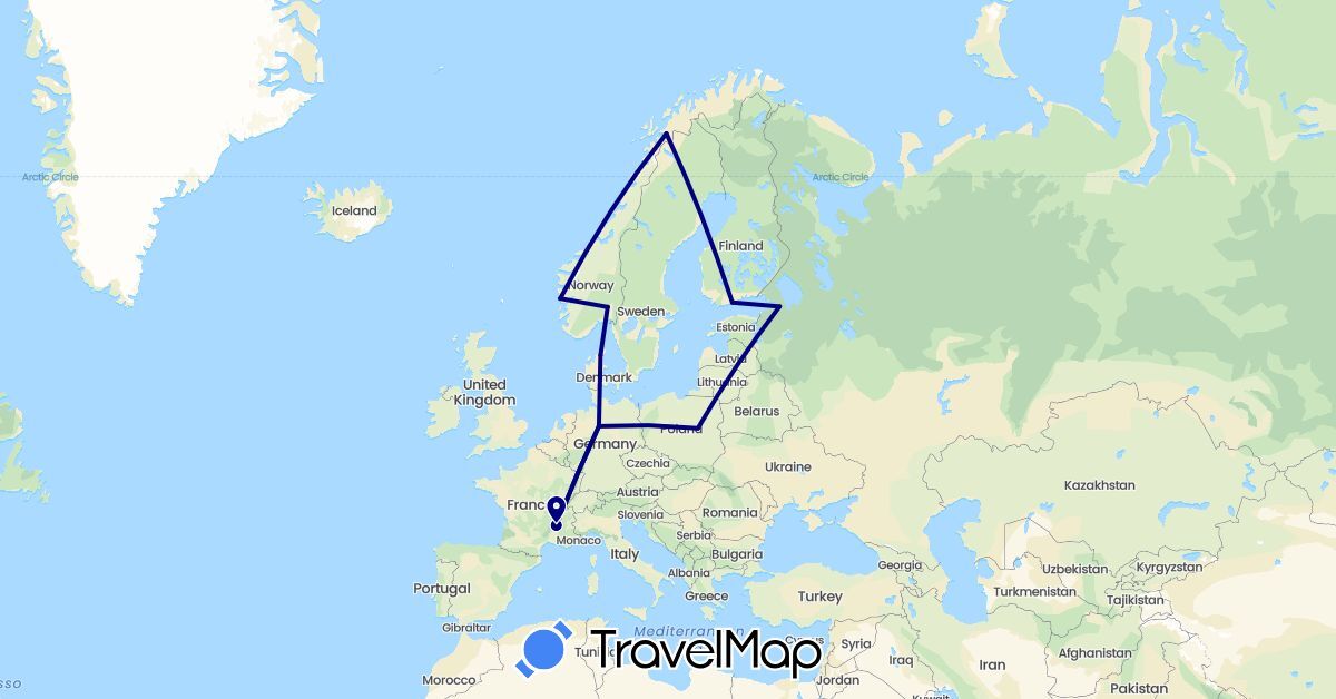 TravelMap itinerary: driving in Germany, Denmark, Finland, France, Norway, Poland, Russia (Europe)